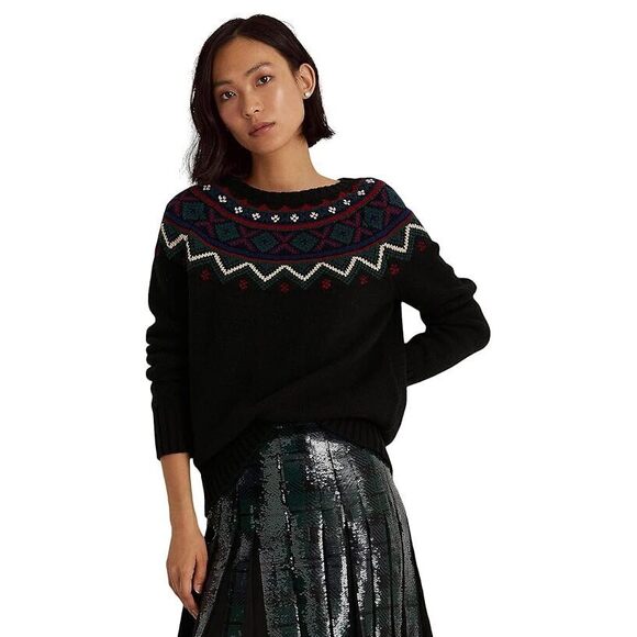 Ralph Lauren Sweaters - Lauren Ralph Black Ribbed Printed Crew Neck Sweater Petites L